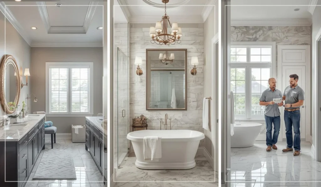 Three-panel image showing finished bathroom design and contractors reviewing the permit and inspection process during a Dallas bathroom remodel.