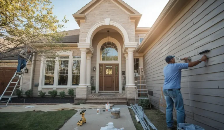 Professional painters applying exterior paint to a large Dallas home for a long-lasting finish.