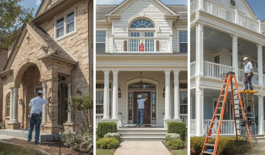Exterior painter preparing and painting trim, siding, and porch areas on upscale Dallas homes.