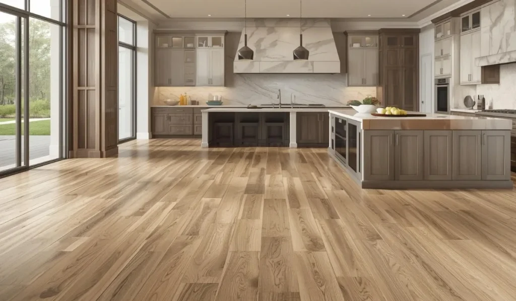 Spacious Dallas kitchen with durable wood-look flooring, large island, and open-concept design for everyday Texas living.