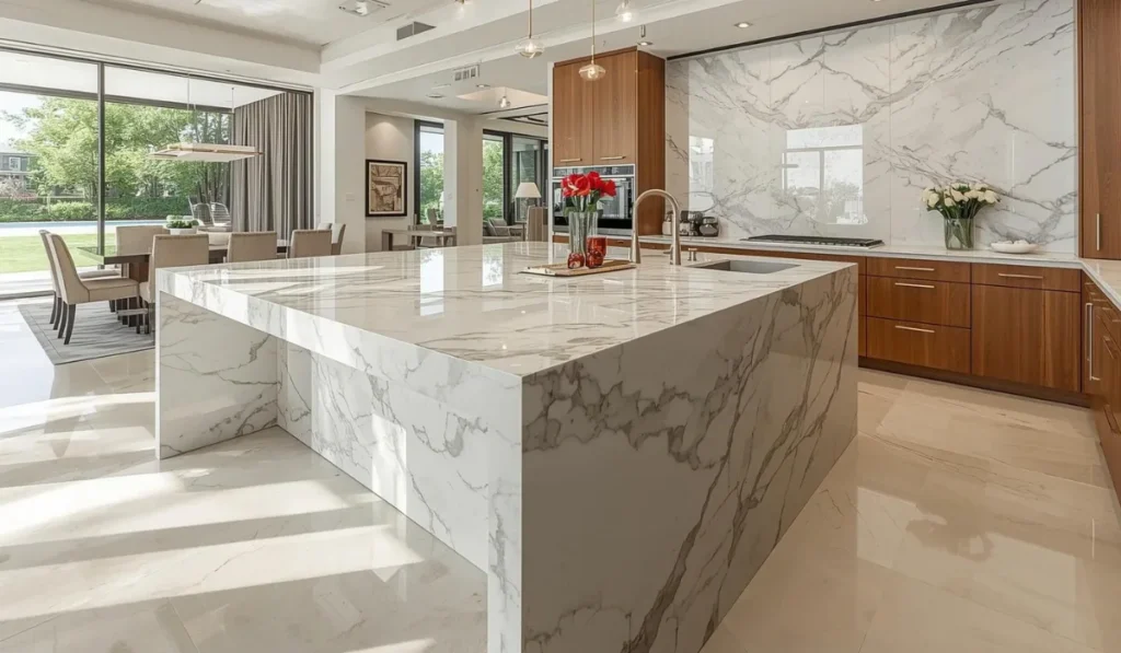 Modern Dallas kitchen with durable stone countertops, waterfall island, and wood cabinetry.