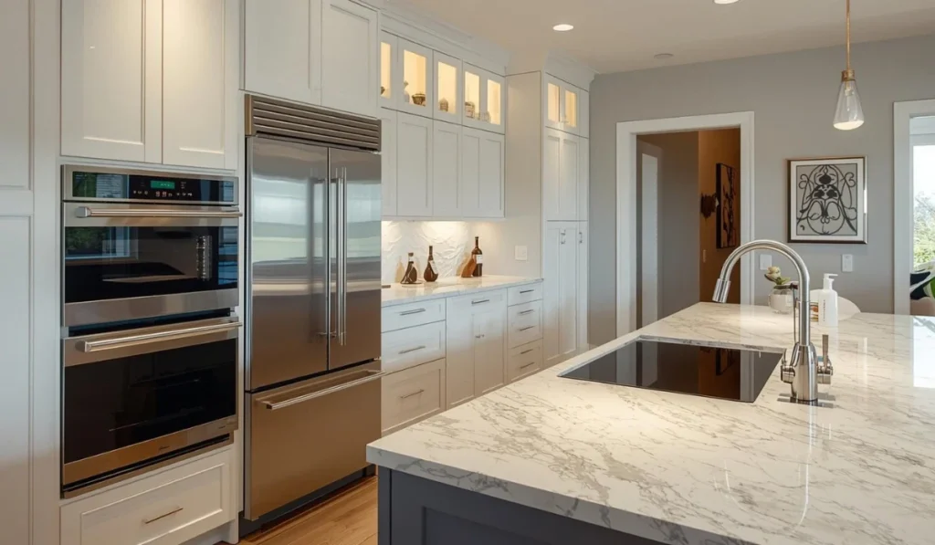 Modern kitchen with energy-efficient smart appliances, built-in ovens, stainless steel refrigerator, and marble island.