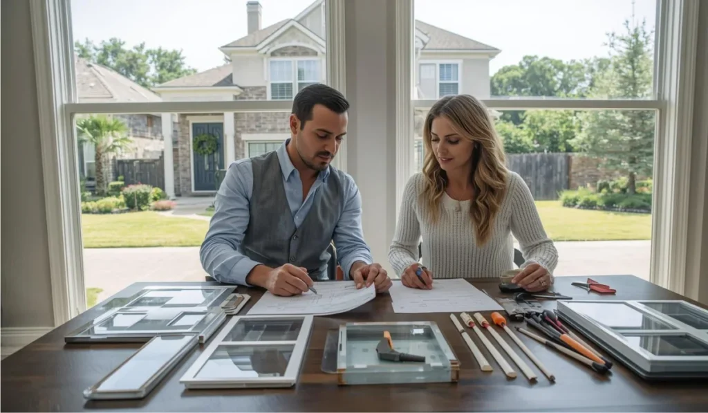 Dallas homeowners reviewing window installation plans and product samples with an experienced remodeling team.