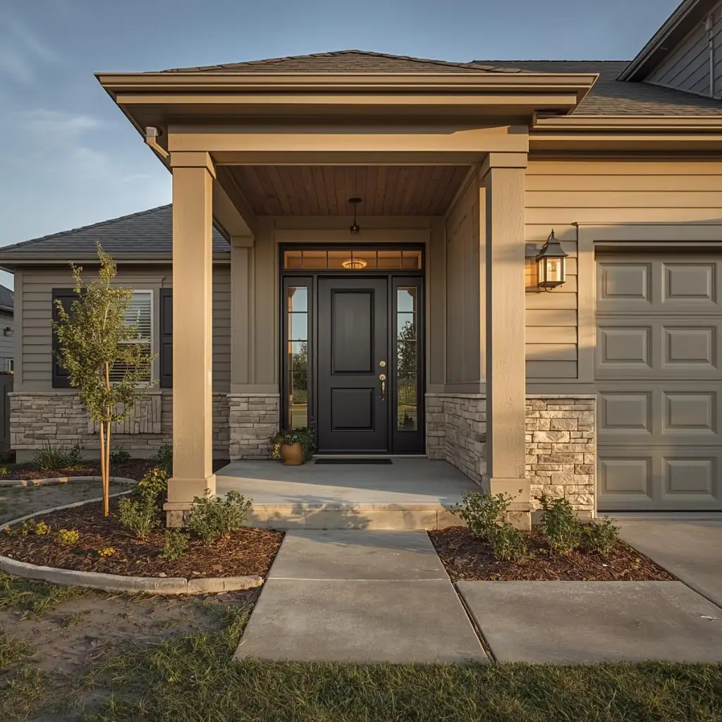 Exterior remodel project featuring a new covered front porch, updated siding and stone veneer, modern front door, and refreshed entry landscaping.