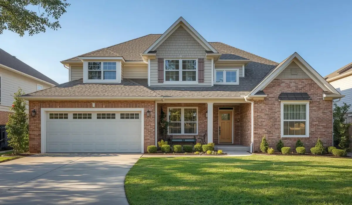 Remodeled home exterior in Dallas TX with updated brick facade, siding, roofline, windows, and front entry.