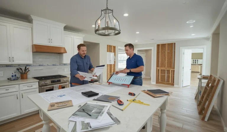 Full home remodel planning meeting with contractors reviewing blueprints and budget estimates in a renovated kitchen with island workspace.