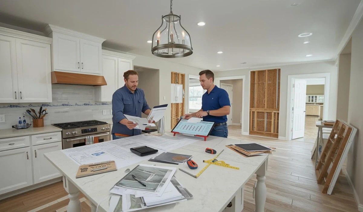 Full home remodel planning meeting with contractors reviewing blueprints and budget estimates in a renovated kitchen with island workspace.