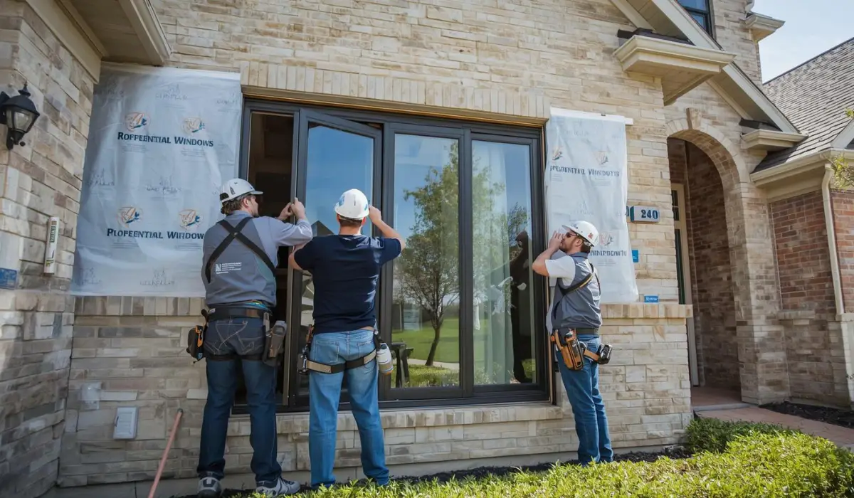 Professional window installers fitting a large black-framed replacement window on a Dallas brick home.