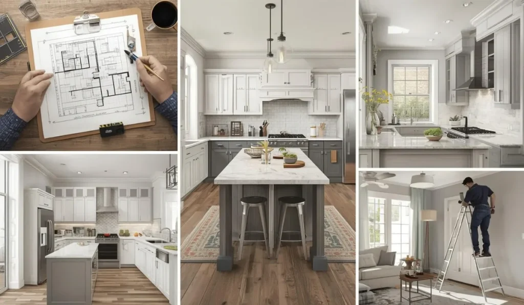 Collage showing kitchen floor plan, cabinet layout examples, finished kitchen designs, and installation work for calculating kitchen cabinet size in DFW.