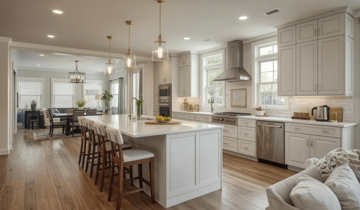 Bright modern kitchen remodel with white cabinets, large island seating, pendant lighting, and open-concept layout.