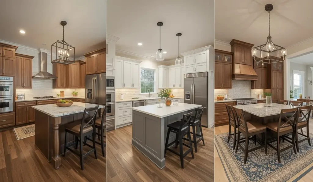 Kitchen remodel ROI examples with updated cabinets, large islands, modern lighting, and stainless appliances showing why kitchens drive home value.