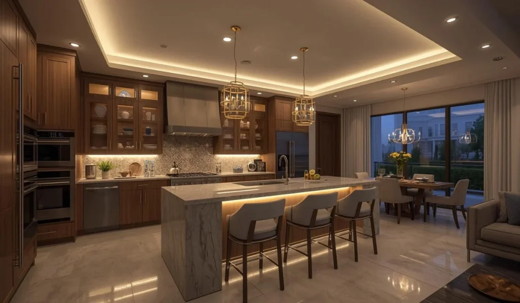 Modern Dallas kitchen with layered lighting, pendant fixtures, recessed lights, and under-cabinet illumination