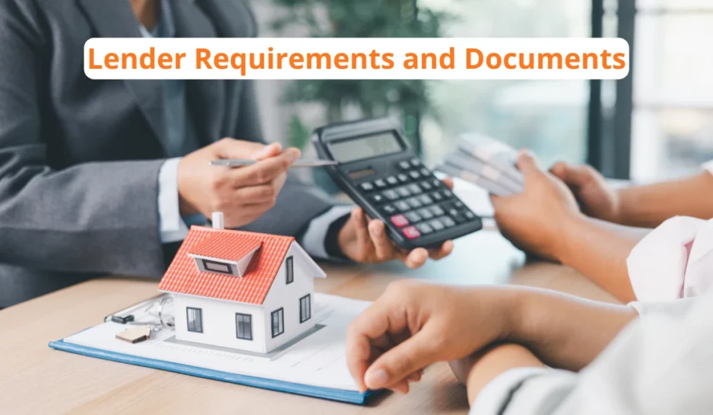 Home improvement financing consultation showing lender documents, calculator, and house model during loan review.