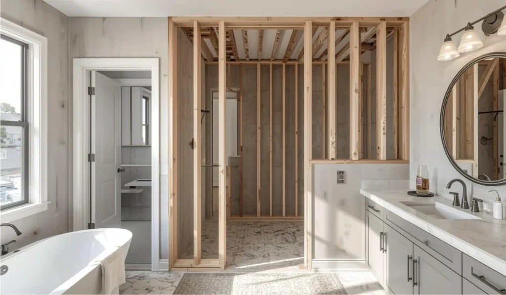 Bathroom remodel in Dallas with framed wall construction beside a vanity and tub during a layout change project.