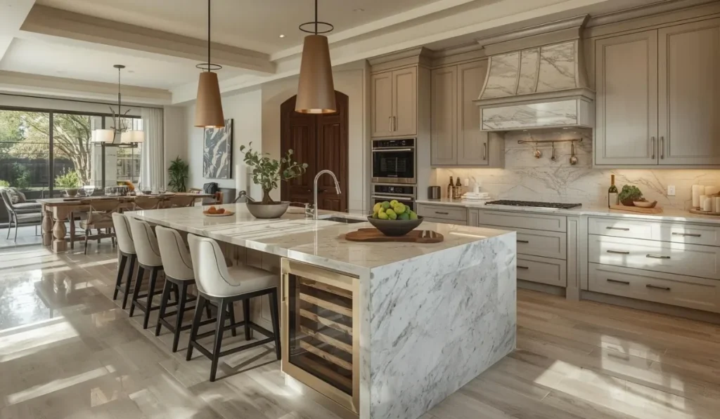 Modern Dallas kitchen with a multi-functional island, bar seating, built-in wine storage, and marble countertop.