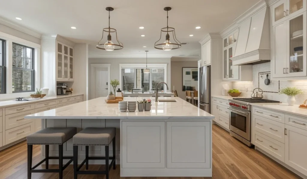 Spacious kitchen with a large center island, white cabinetry, and an optimized open-concept layout.