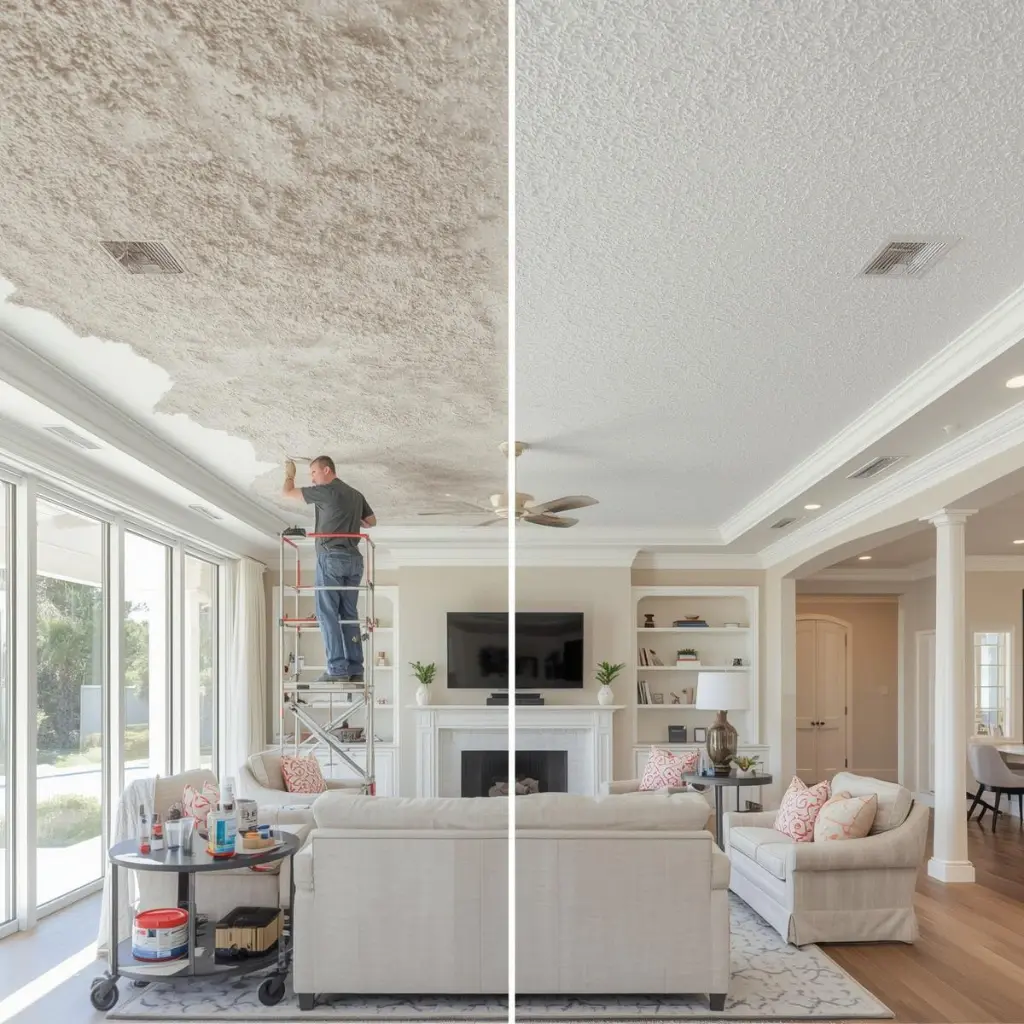 Before and after view of popcorn ceiling removal for living room showing an outdated textured ceiling and a clean updated finish.