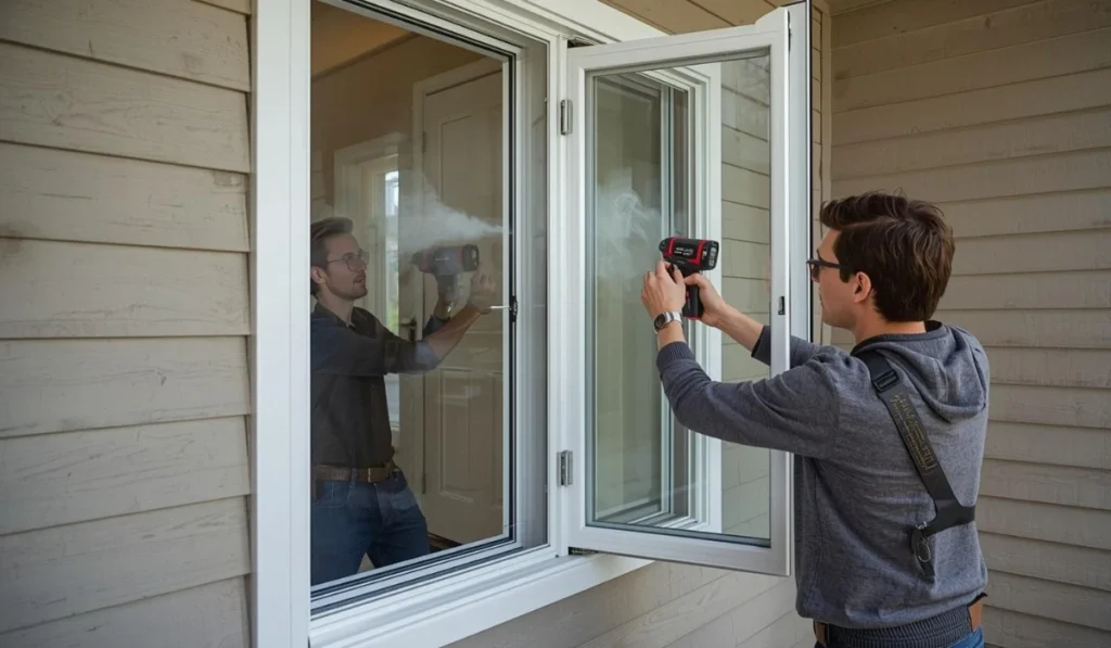 Window installer testing sash operation and checking for air leaks after replacement window installation in Dallas.