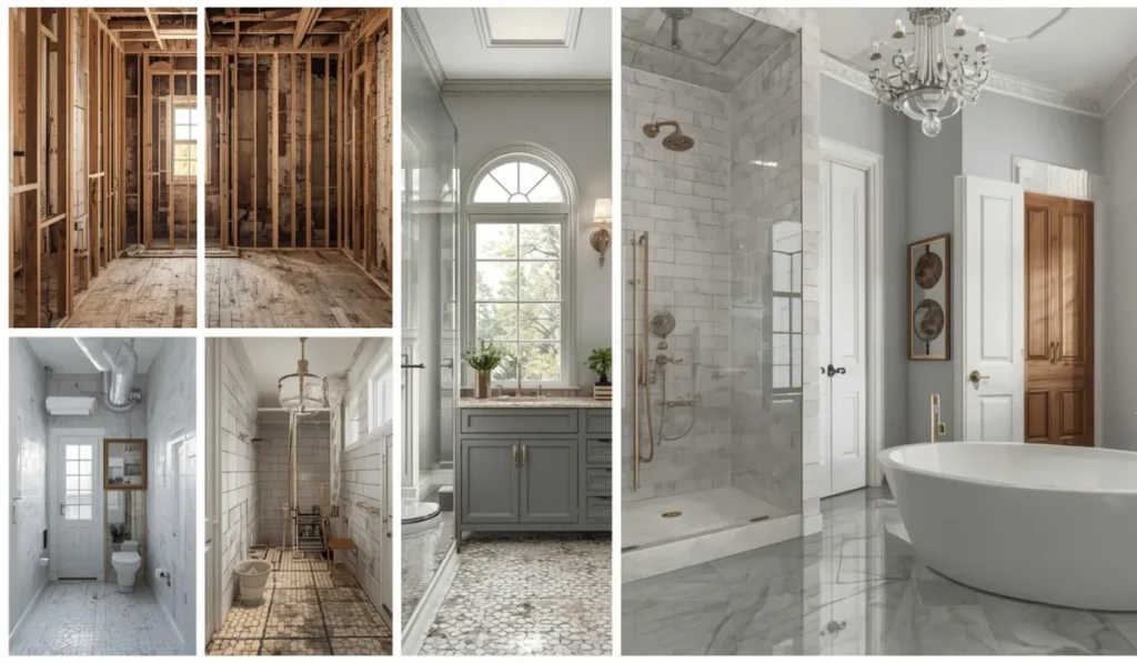 Collage showing bathroom framing, rough construction, and finished bathroom spaces for a pre-remodel inspection checklist in Dallas homes.