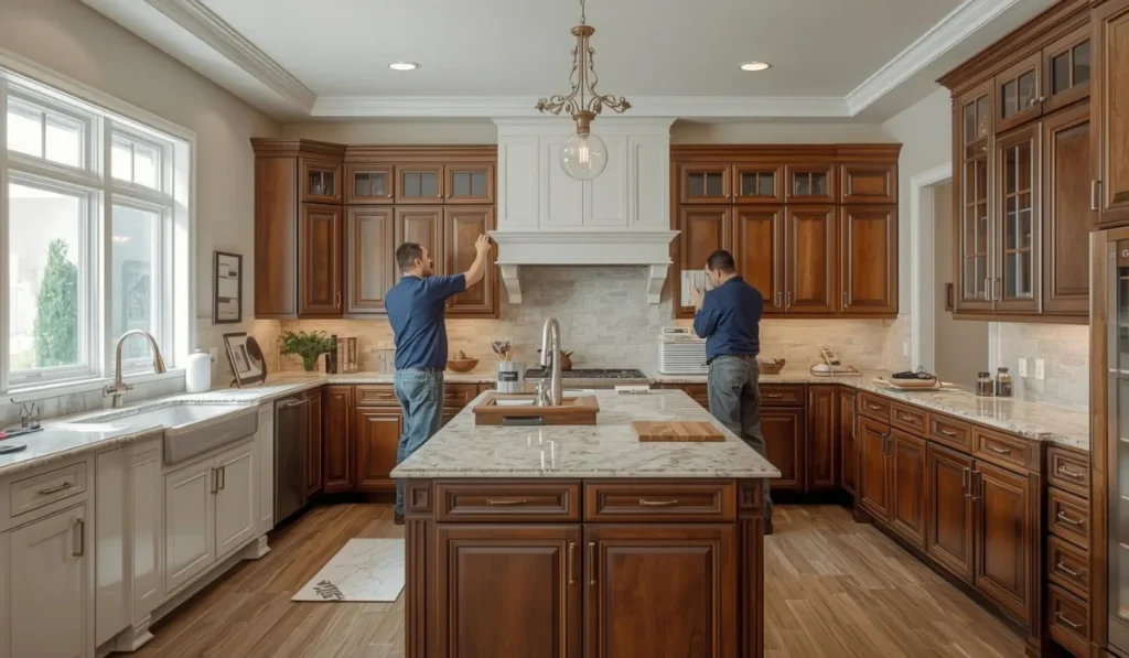 Contractors refacing kitchen cabinets in a modern kitchen with wood cabinetry, center island, and updated finishes.