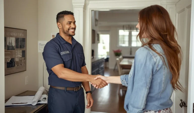 Homeowner meeting a remodeling contractor for a consultation, shaking hands while discussing questions to ask before hiring a remodeler.