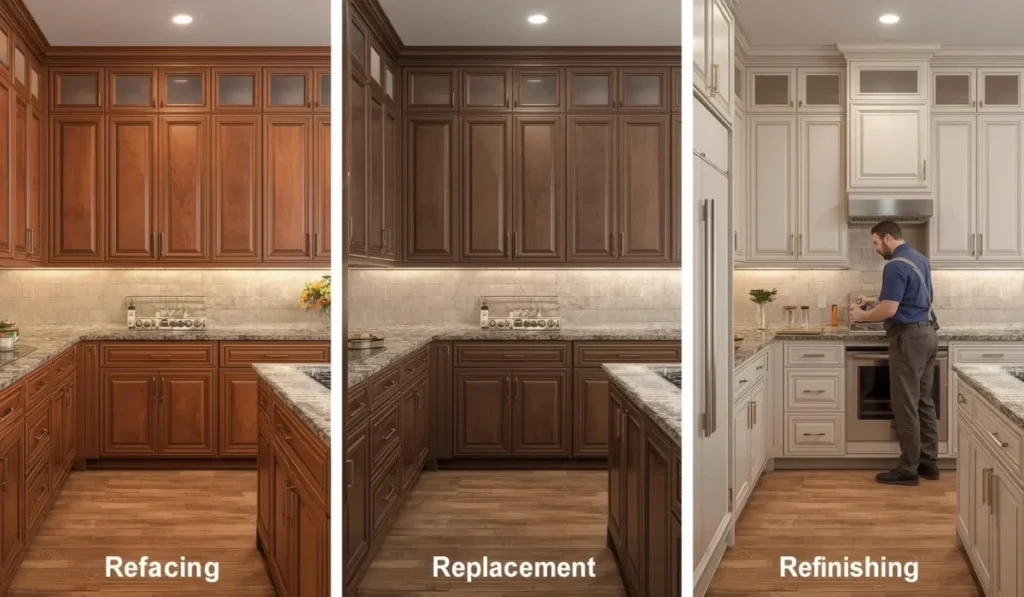Side-by-side comparison of kitchen cabinet refacing, cabinet replacement, and cabinet refinishing in modern kitchen designs.