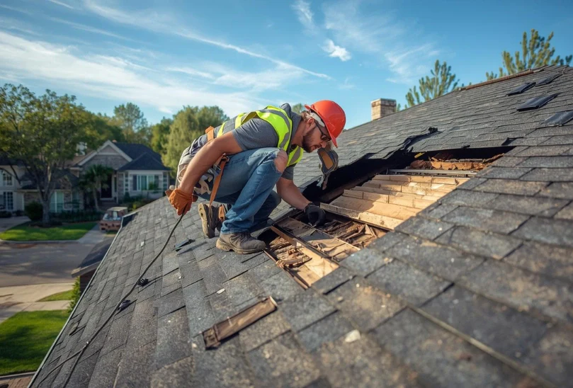 Roofing contractor repairing storm-damaged shingles on a residential roof in Dallas.
