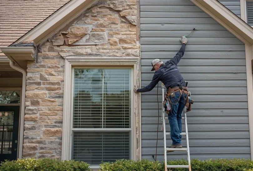 Contractor repairing and replacing exterior siding on a Dallas home while working from a ladder.