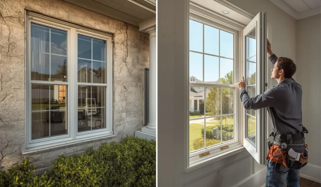 Cracked exterior wall around a replacement window and interior window inspection showing foundation movement issues in a Dallas home.
