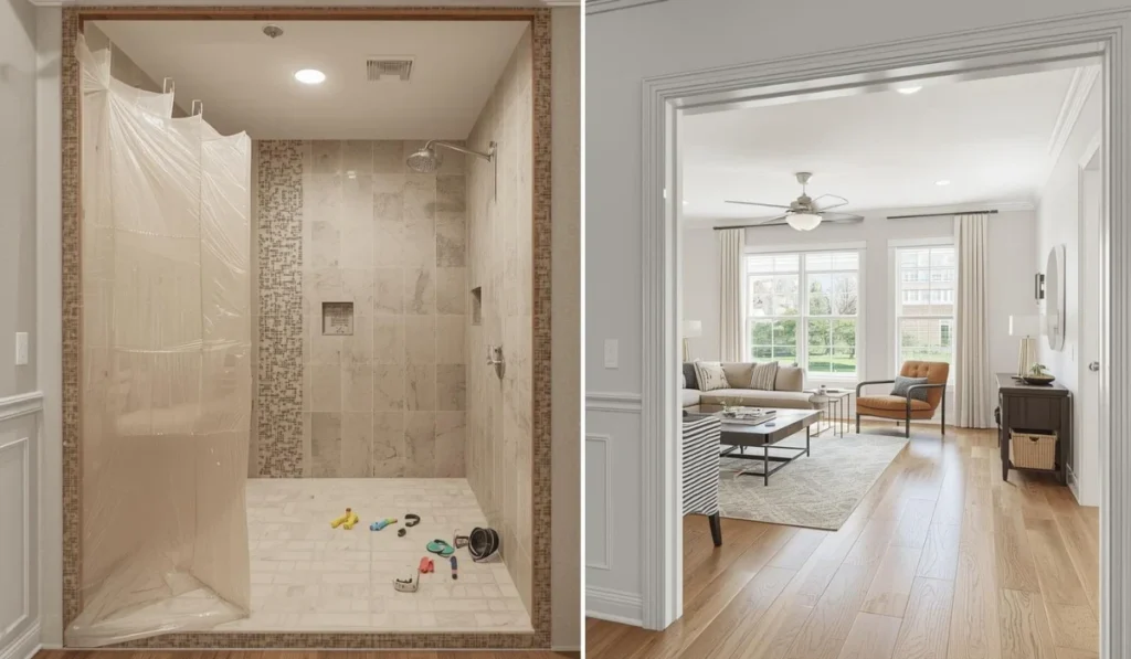 Split-view image showing a bathroom remodel in progress and a clean living space for staying home during renovation in Dallas