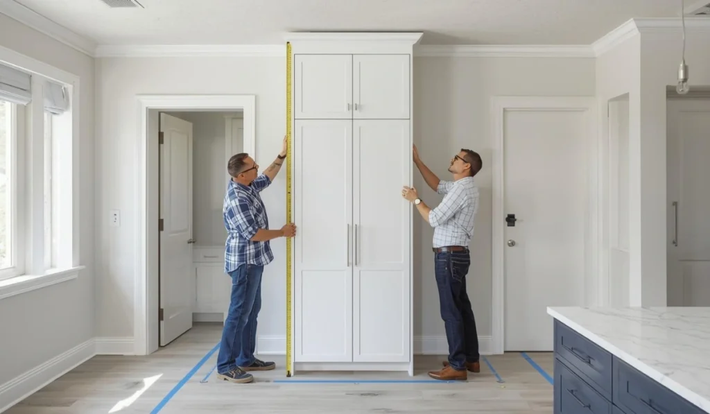 Installers measuring a tall kitchen pantry cabinet during cabinet dimension planning and layout setup.
