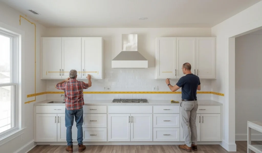 Contractors measuring upper kitchen cabinets during wall cabinet dimension planning in a DFW kitchen.