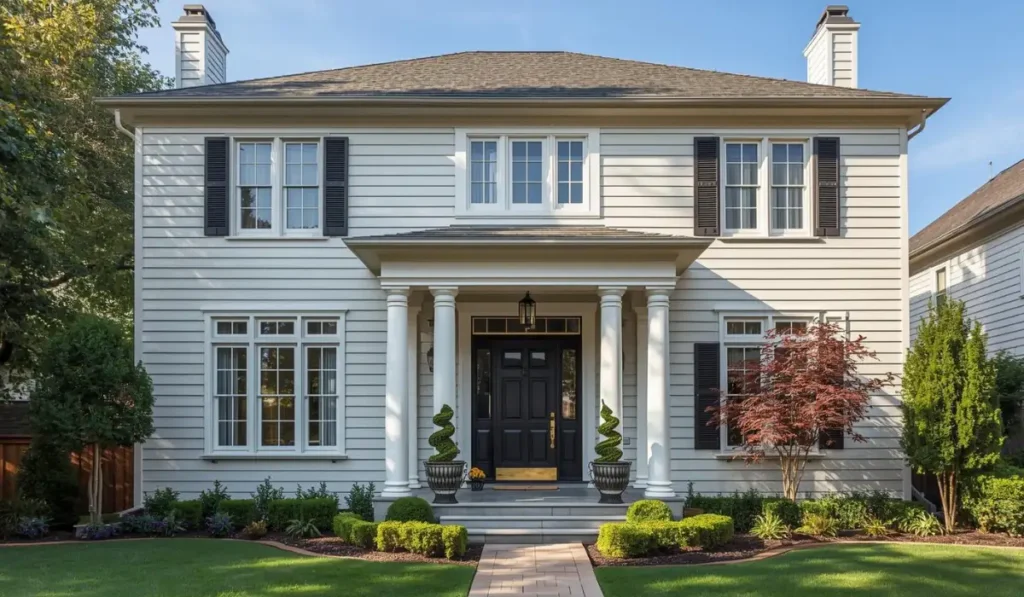 Freshly painted Dallas home exterior with clean siding, black shutters, and ideal dry weather conditions.