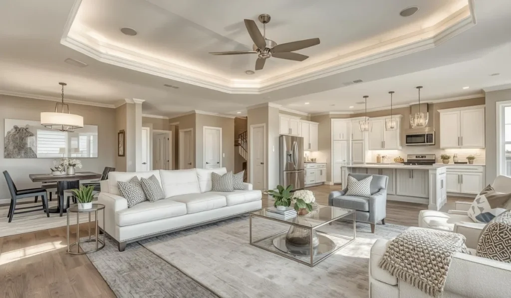 Beautiful open-concept living room and kitchen showcasing the results of a professional home remodeling project.