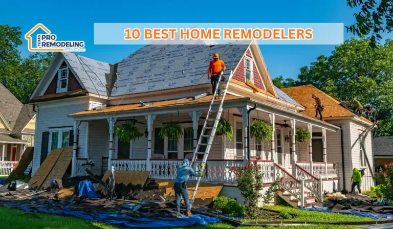 Workers reroofing a large home under renovation with Texas Pro Remodeling branding