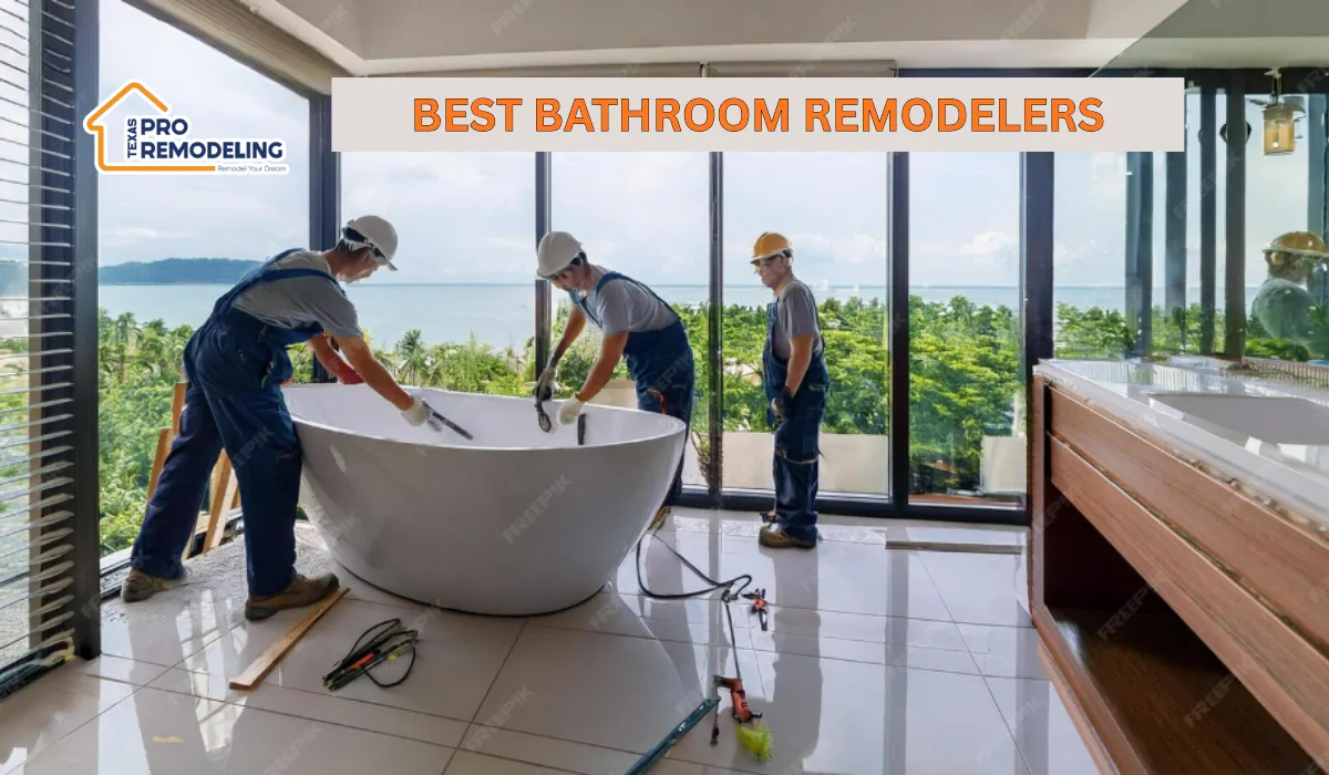 Contractors installing a freestanding bathtub in a modern luxury bathroom remodel