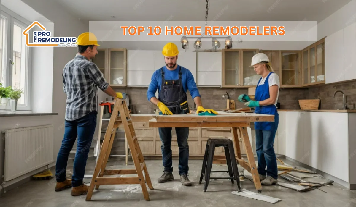 Three contractors working in a modern kitchen during a home remodeling project