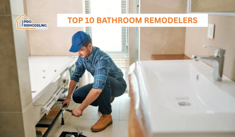 Featured image for top bathroom remodelers in Arlington, TX showing a contractor working on a modern bathroom renovation.