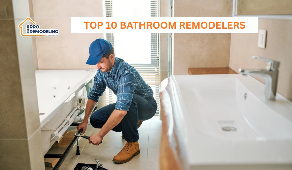 Featured image for top bathroom remodelers in Arlington, TX showing a contractor working on a modern bathroom renovation.