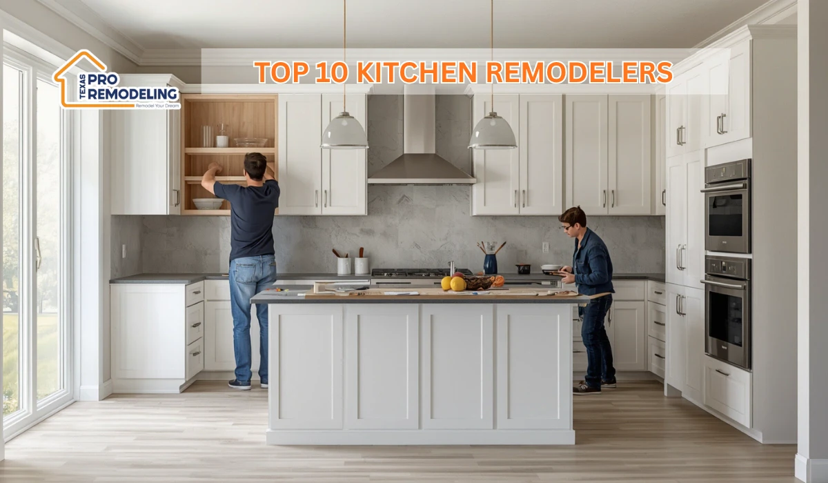 Featured image for top kitchen remodelers in Frisco, TX showing contractors working in a modern white kitchen renovation.