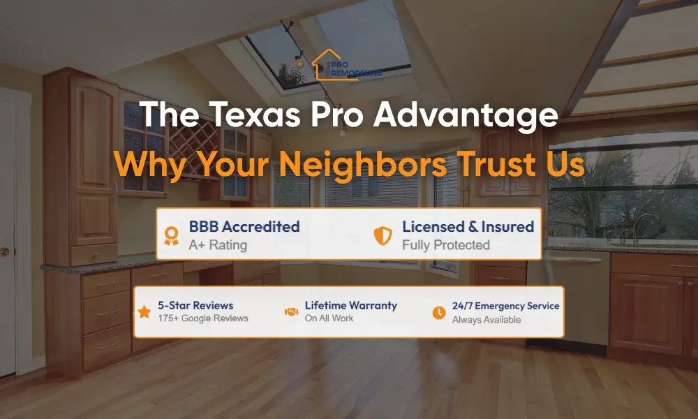 The Texas Pro Advantage in Uptown Dallas graphic with BBB rating, warranty, and emergency service