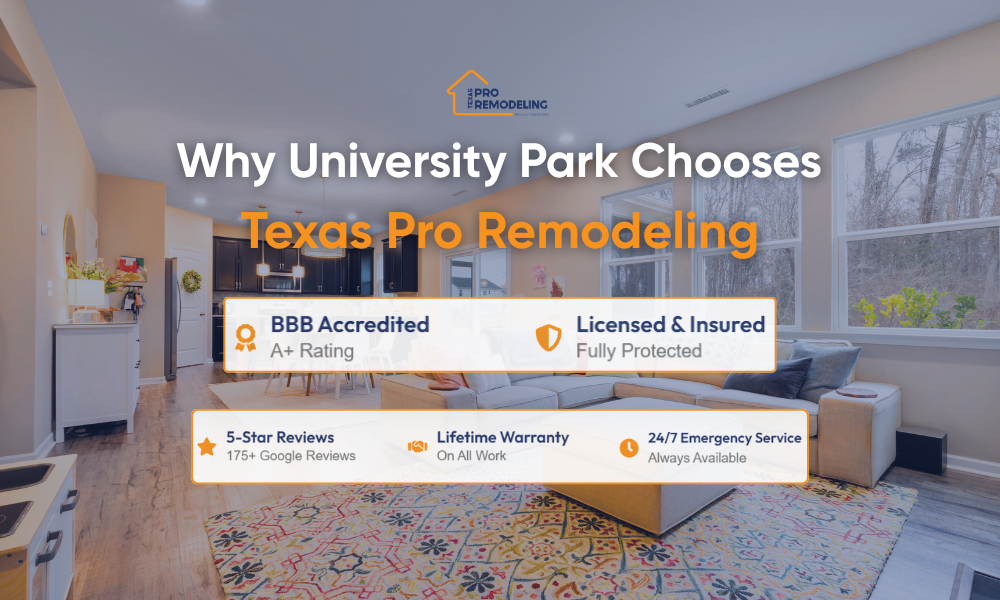 Why University Park chooses Texas Pro Remodeling graphic with BBB accreditation, reviews, warranty, and emergency service