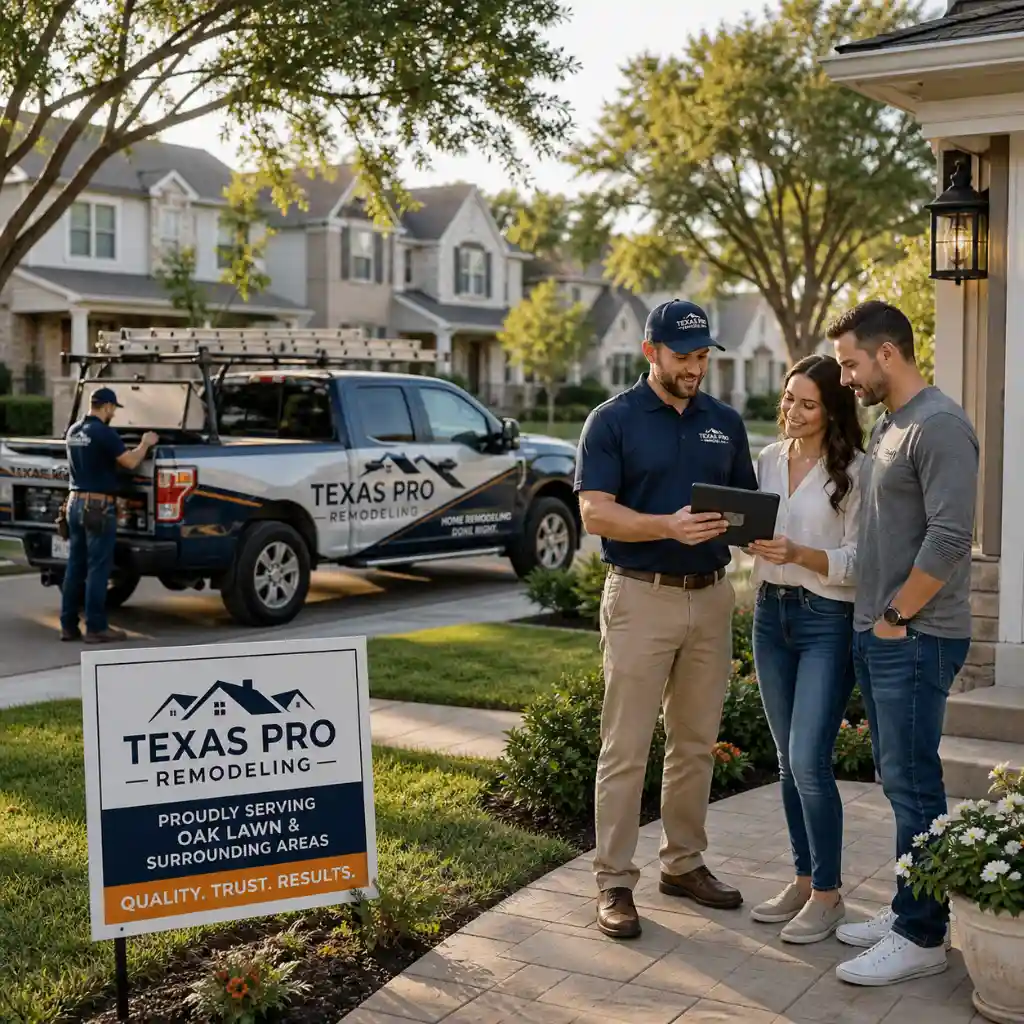 Texas Pro Remodeling contractor reviewing a tablet with homeowners outside an Oak Lawn home