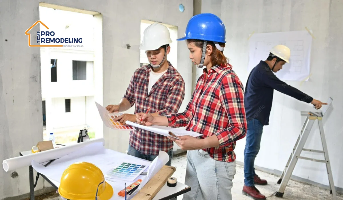 Texas Pro Remodeling team reviewing renovation plans at Grapevine construction site.