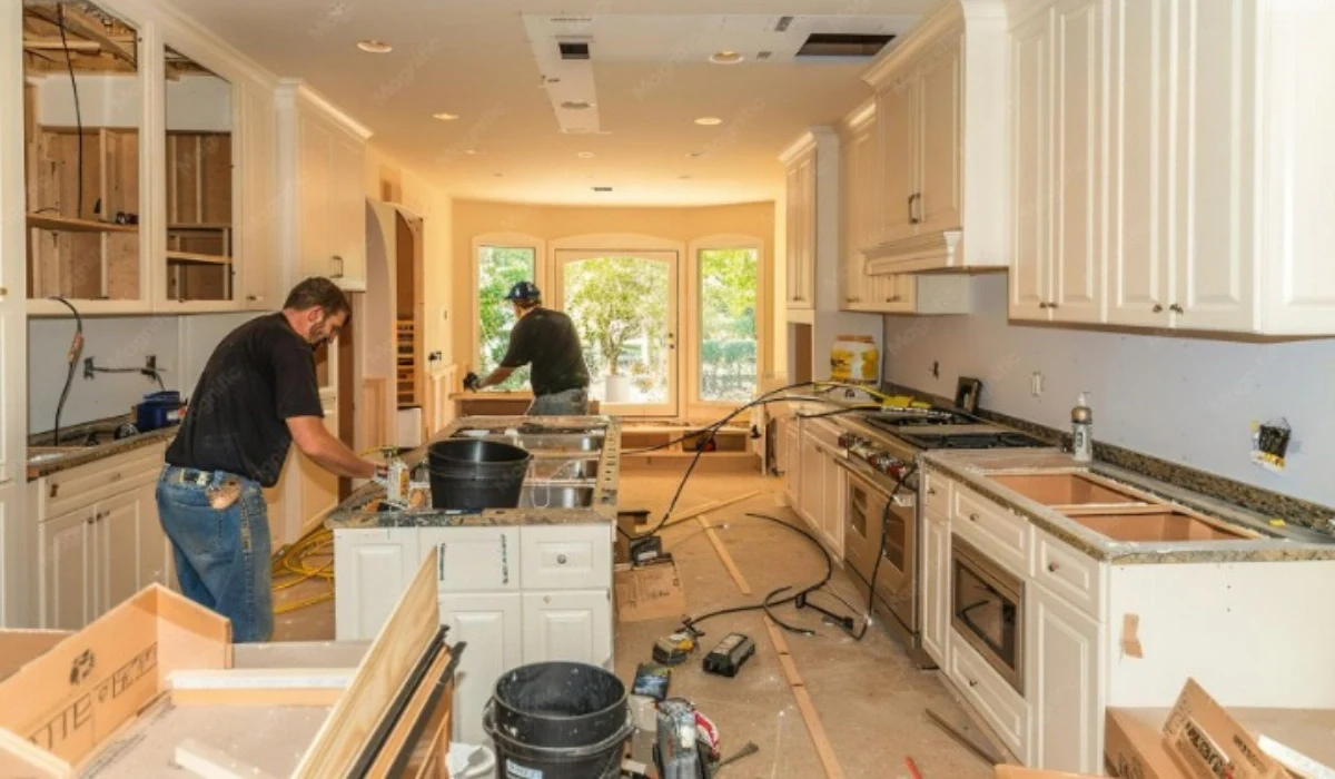 Contractors working in a kitchen renovation project in Knox Henderson with cabinets and countertops being installed.