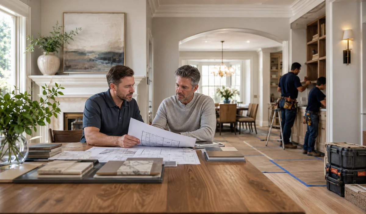 Contractor reviewing remodeling plans with an Oak Lawn homeowner while installers work in the background.