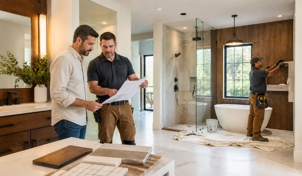 Contractor reviewing renovation plans with a homeowner in a modern Knox Henderson bathroom.