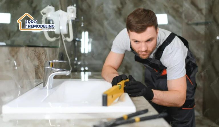 Contractor leveling a bathroom sink during a bathroom remodeling project in Allen