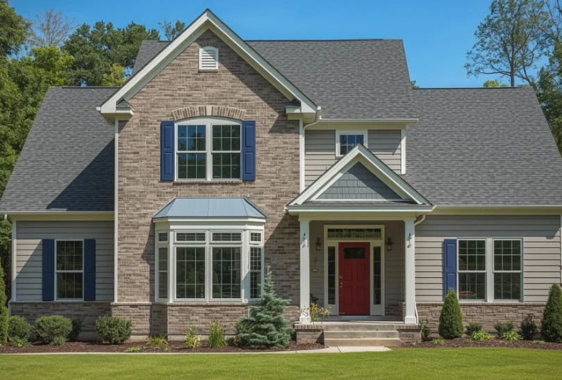Whole home exterior renovation with durable siding, roofline updates, and landscaped foundation planting.