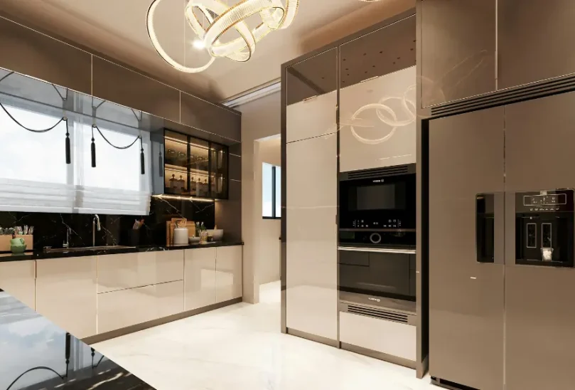A luxurious, high-end kitchen featuring glossy white floor tiles, integrated sleek cabinetry with built-in appliances, and a unique circular modern chandelier.